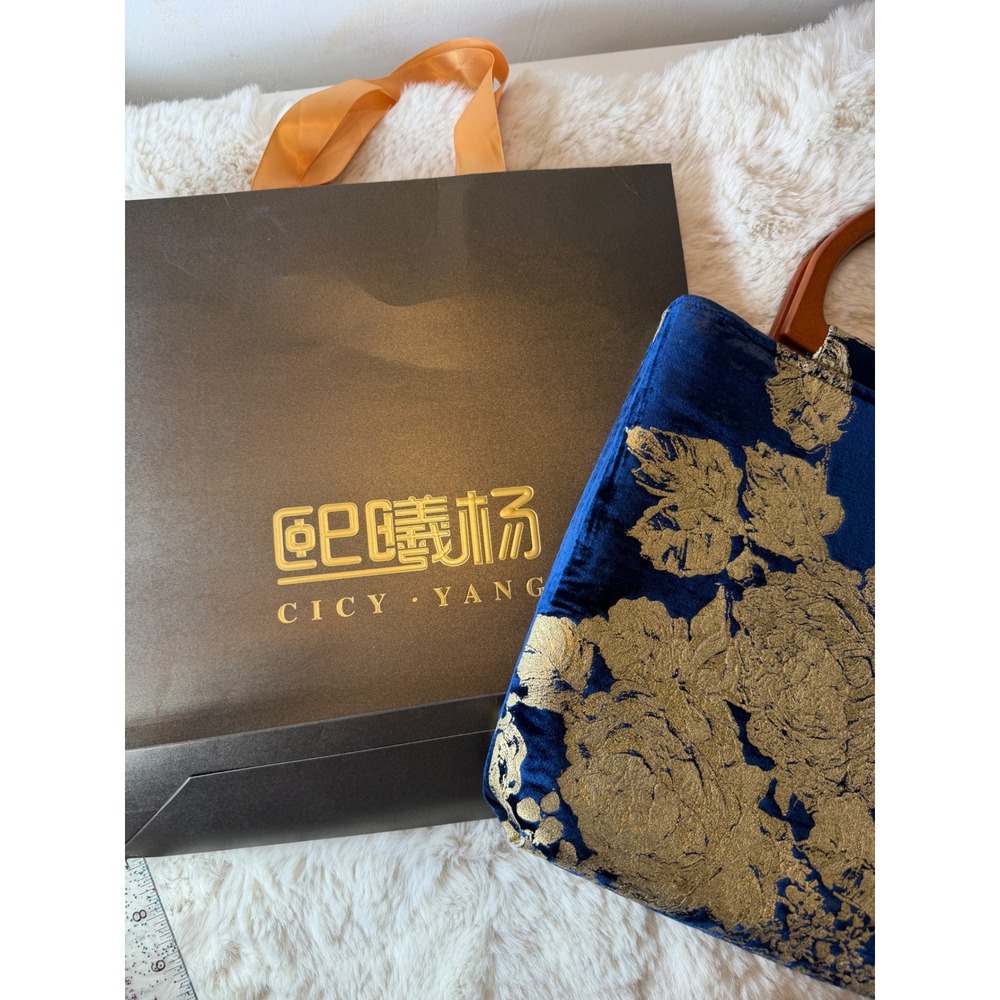 Cicy Yang Navy Blue Velvet Gold Floral Brocade Tote Bag Wood Handles